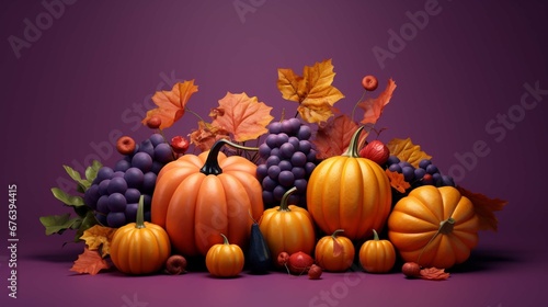 3D pumpkins and autumn fruits on a purple background. create using a generative ai tool 