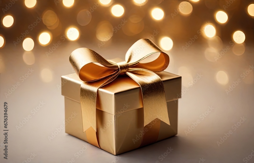 Christmas gift box with golden bow and decoration on bokeh background Christmas gift box with golden bow and decoration on bokeh background