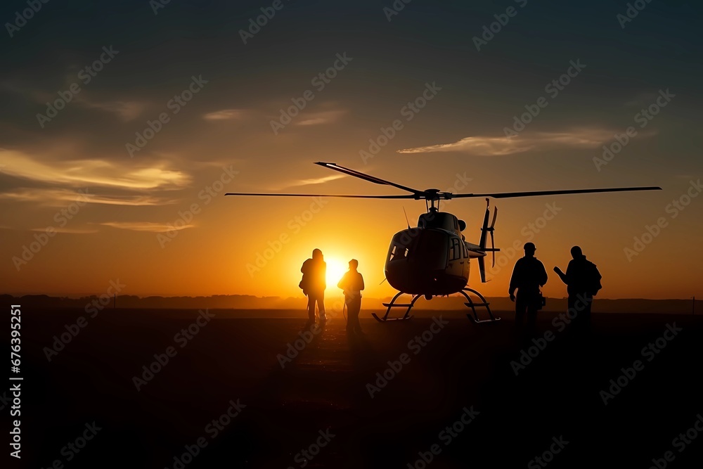Military operation mission on silhouette sunset in field. Soldiers army forces with helicopter in battlefield. Epic war patriotic concept. Releasing hostages by warrior commando navy. Generative AI Military operation mission on silhouette sunset in field. Soldiers army forces with helicopter in battlefield. Epic war patriotic concept. Releasing hostages by warrior commando navy. Generative AI