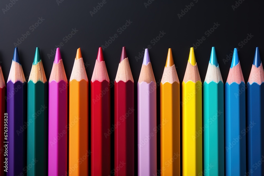 Colorful pencils on black background, close-up, Ai Generated Colorful pencils on black background, close-up, Ai Generated