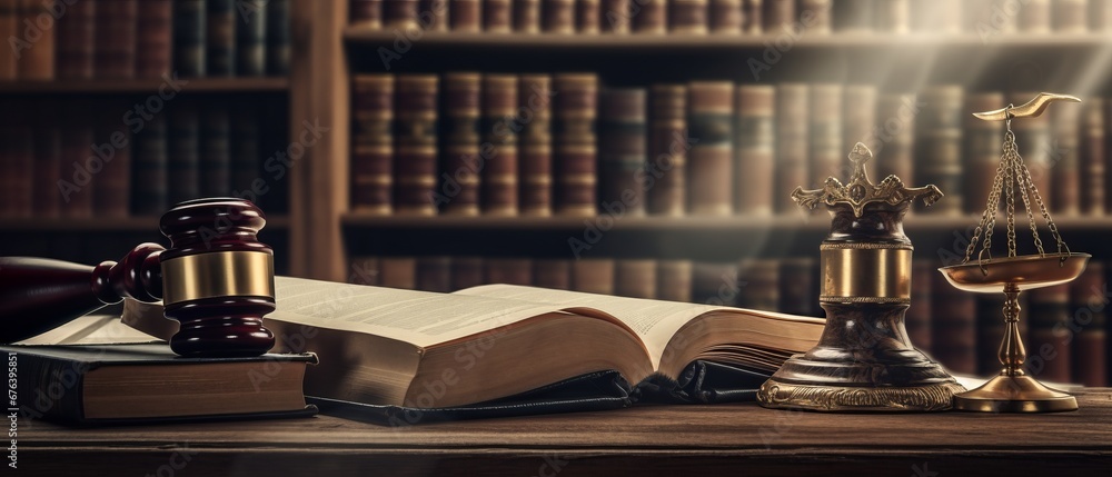 Close-up of a wooden gavel in a judge. Wooden gavel in court with book background - obrazy, fototapety, plakaty 