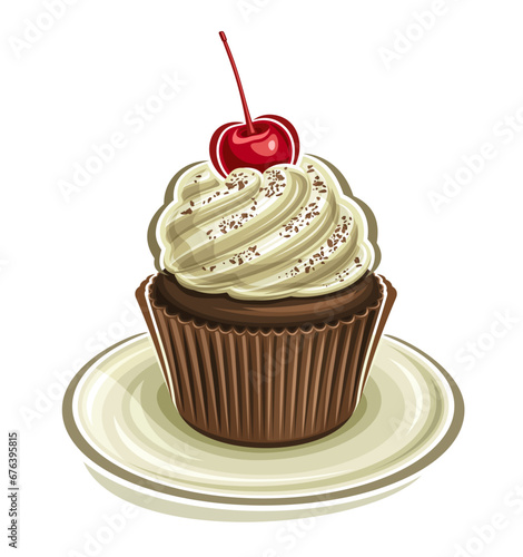 Vector logo for Chocolate Cupcake, square poster with illustration of fudge cupcake with amarena cherry on twisted milk cream for cafe menu, mini wedding cupcake on dish, isolated on white background