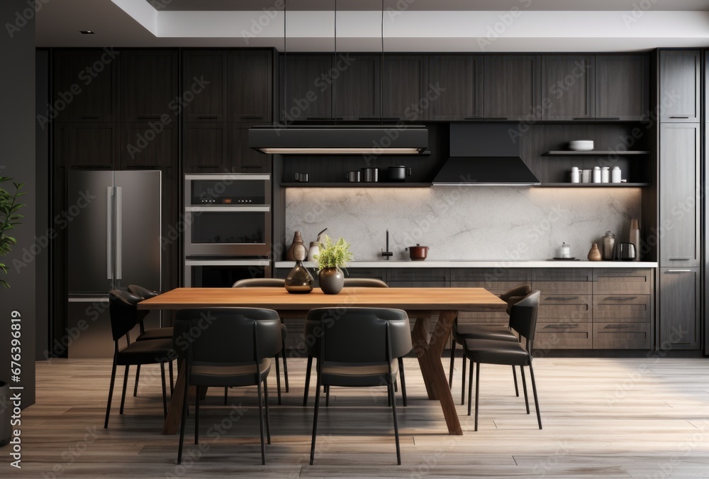 3D rendering of a contemporary dark gray kitchen with white wood backsplash. Table with chairs 3D rendering of a contemporary dark gray kitchen with white wood backsplash. Table with chairs