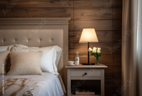 Bedside cabinet emphasizes the bedside next to the wooden wall. French style interior design of a modern bedroom