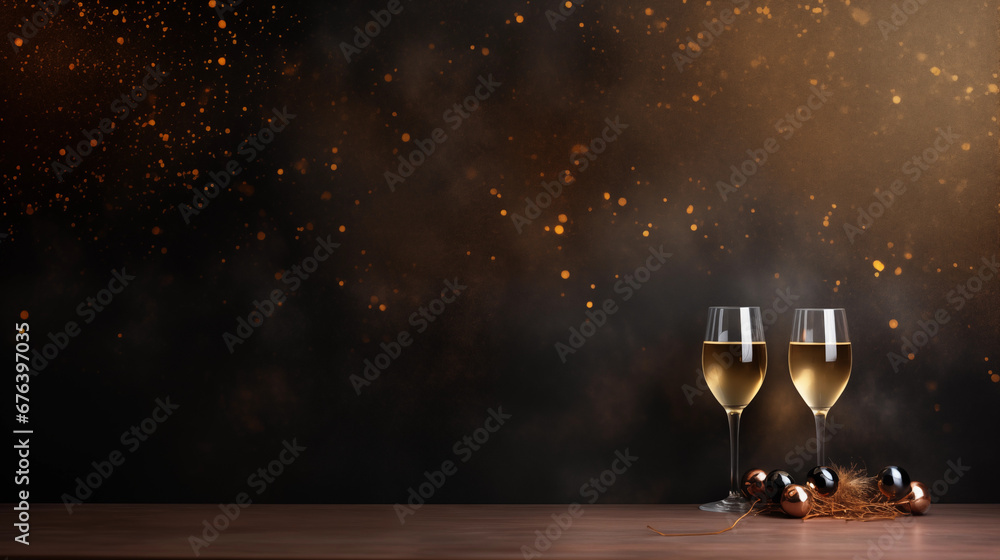 Tło na życzenia noworoczne - Szczęśliwego Nowego Roku 2024. Kieliszki z szampanem w Sylwestrową noc na ciemnym tle - obrazy, fototapety, plakaty 