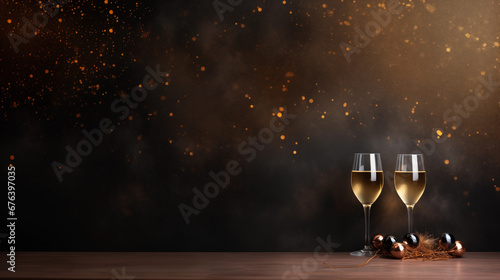 Tło na życzenia noworoczne - Szczęśliwego Nowego Roku 2024. Kieliszki z szampanem w Sylwestrową noc na ciemnym tle photo