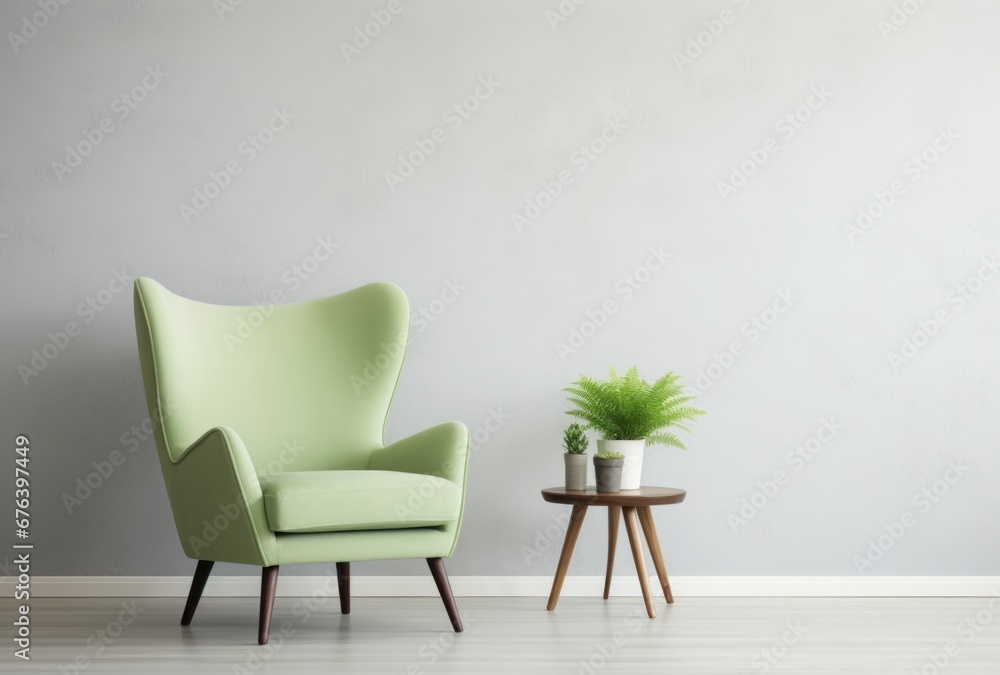 Light green wingback chairs contrast with white walls and large art poster frames Light green wingback chairs contrast with white walls and large art poster frames