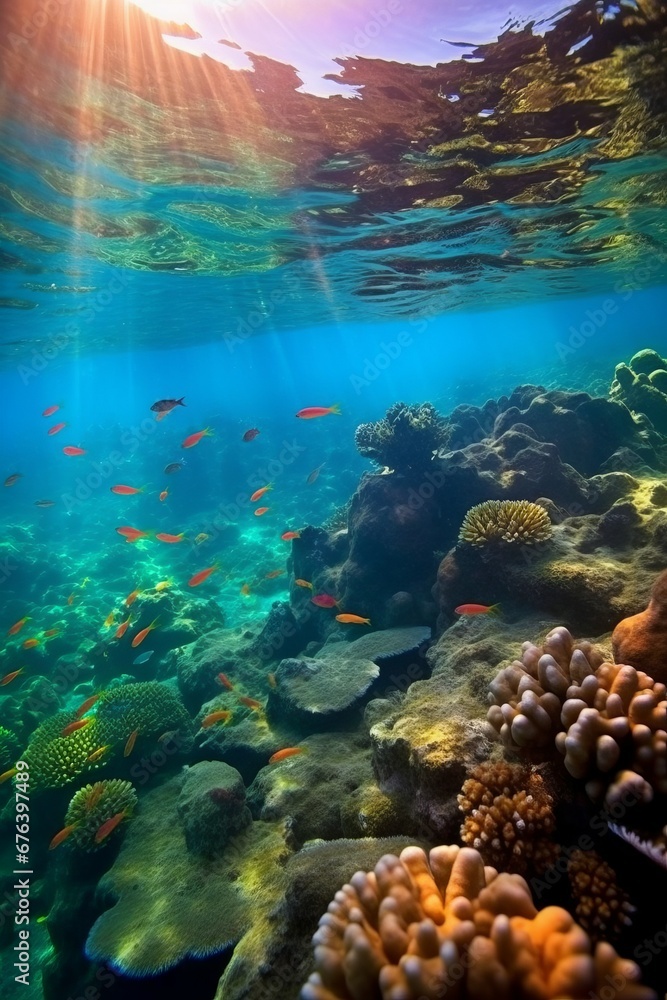 Fototapeta premium Underwater view of the rocks and coral reef in the Mediterranean Sea. Beautiful seascape with turquoise sea water. Composition of nature. Beautiful seascape with crystal clear water. 3d render