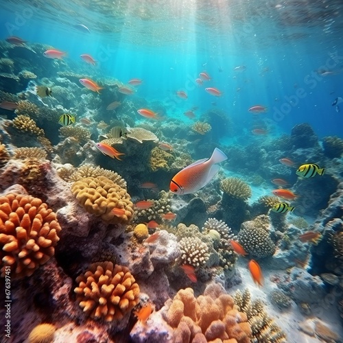 Beautiful coral reef with colorful tropical fish in the water.  Vivid Underwater world with corals and tropical fish. © Valua Vitaly