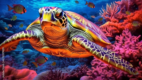 Sea turtle swimming in the ocean among colorful coral reef. Underwater world. Hawaiian Green sea turtle swimming in coral reef. Beautiful Underwater world. Marine life. 3d render illustration..