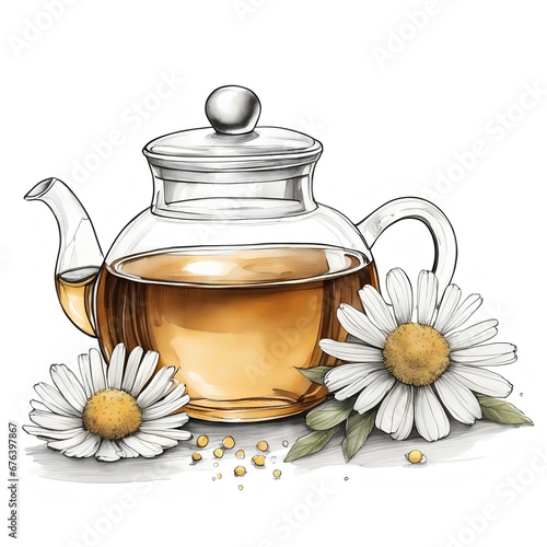 ink painting of chamomile tea with essential oils displayed on a herbalist counter, teapot with tea and flowers