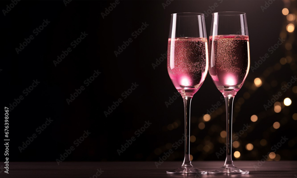 Glasses with pink champagne on a dark background. The party is a holiday Glasses with pink champagne on a dark background. The party is a holiday