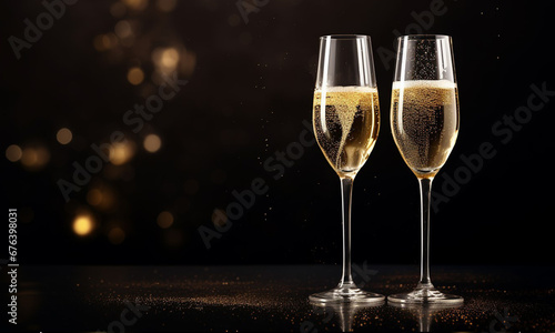 Two glasses of champagne on a dark blurred background