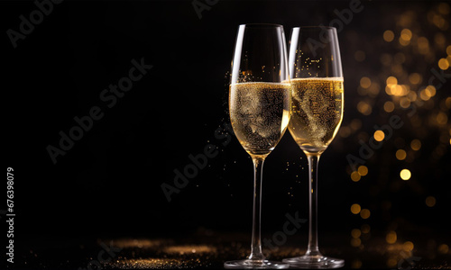 Two glasses of champagne with bubbles on a dark blurred background