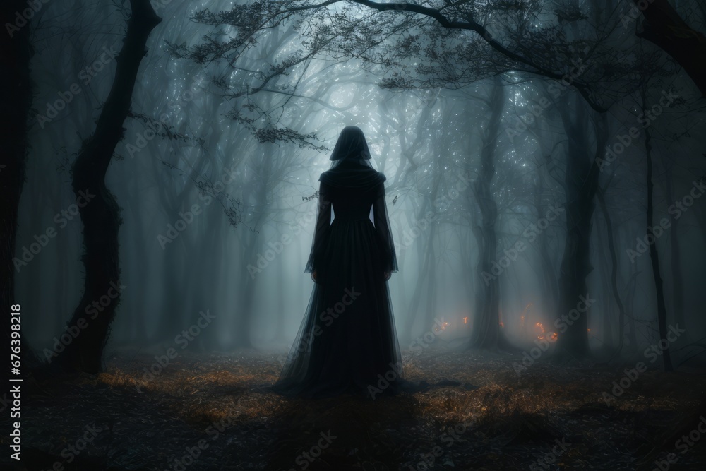 Silhouette of a witch in the middle of the woods