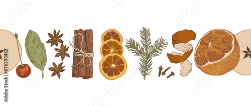 Hand drawn mulled wine ingredients arranged in seamless decoration line. Autumn mood illustration