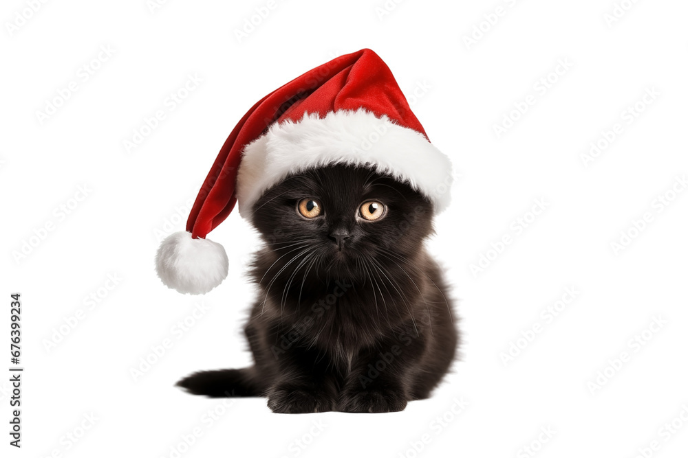 Black kitten in red Santa Claus hat isolated on transparent background. PNG file. Concept of celebrating Christmas and New Year. Black kitten in red Santa Claus hat isolated on transparent background. PNG file. Concept of celebrating Christmas and New Year.