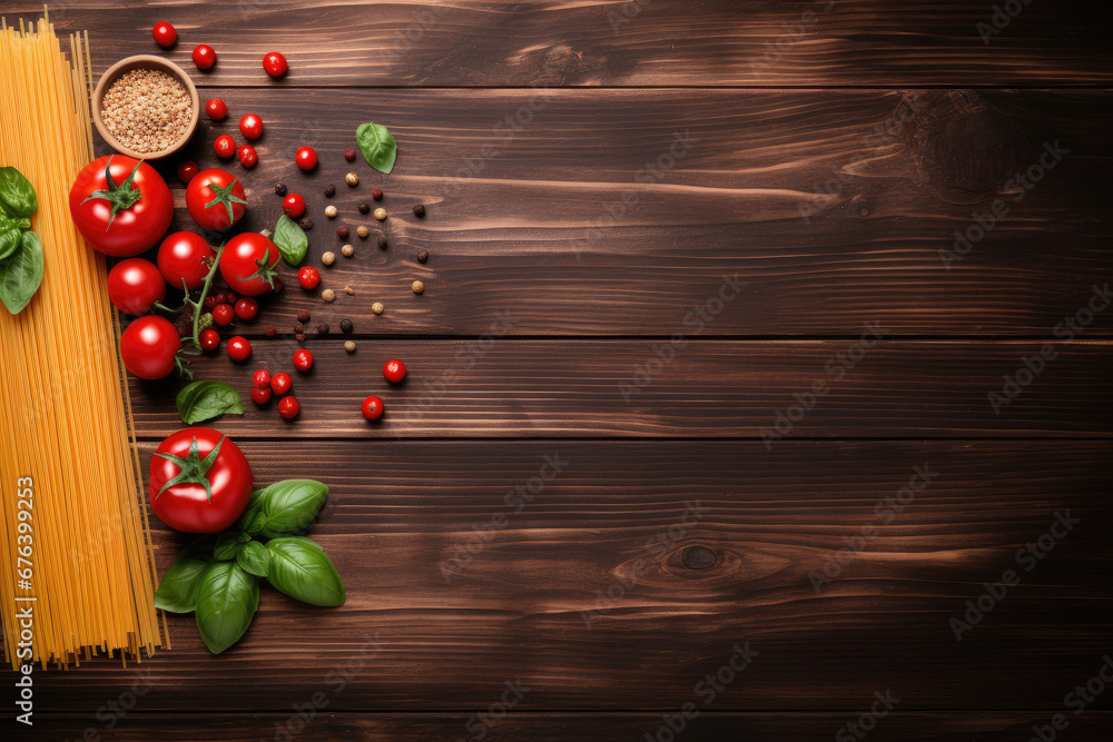 Naklejka premium Italian spaghetti on dark black board background, above top view, text copy space, uncooked raw Italian pasta, tomatoes, basil, cooking ingredients on wooden table counter
