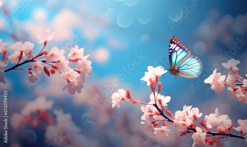 Fluttering blue butterfly and pink cherry or sakura blossom branch in sunlight. Floral spring concept for background, banner or greeting card with copy space © ratatosk