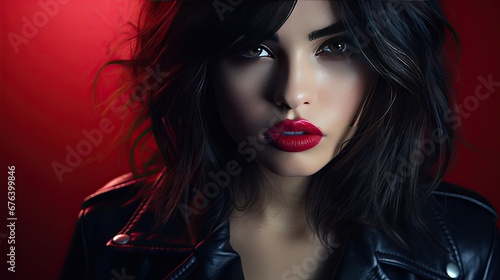  a woman with a red lipstick and a black leather jacket. generative ai