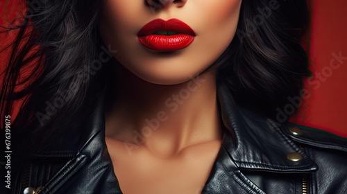  a close up of a woman with a red lipstick on her lips.  generative ai