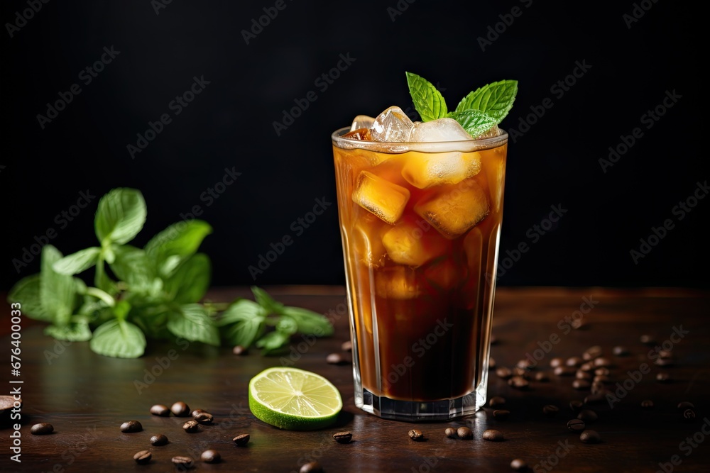 a glass of iced tea next to a lime and mint. generative ai a glass of iced tea next to a lime and mint. generative ai