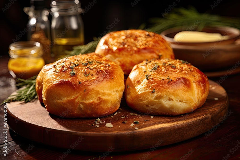 a wooden plate topped with three breads on top of a table. generative ai a wooden plate topped with three breads on top of a table. generative ai