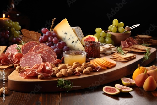  a platter of cheese, meats, and fruit. generative ai