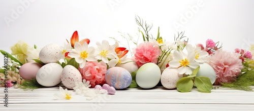 On the white wooden table a vibrant and colorful Easter centerpiece with a background pattern of flowers and leaves brings the essence of nature into the spring celebration