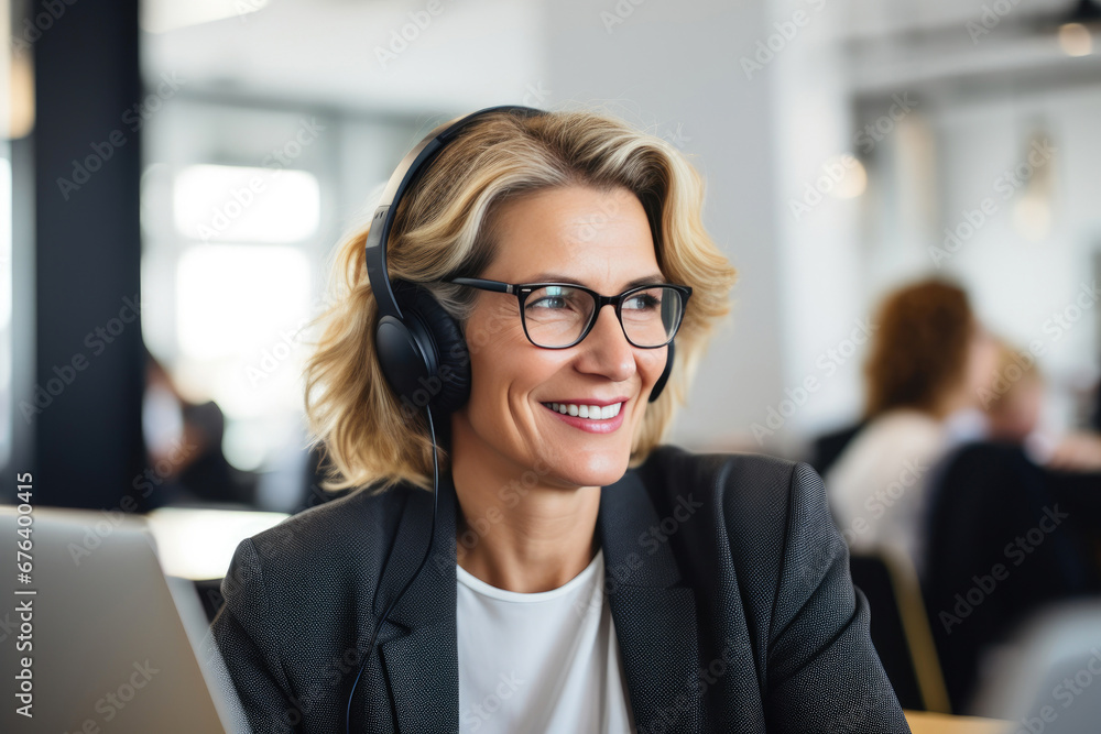 Fototapeta premium Smiling Executive: Hybrid Work Setup