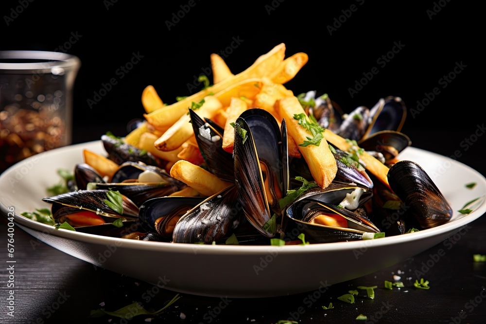 a bowl of mussels and fries on a table. generative ai a bowl of mussels and fries on a table. generative ai