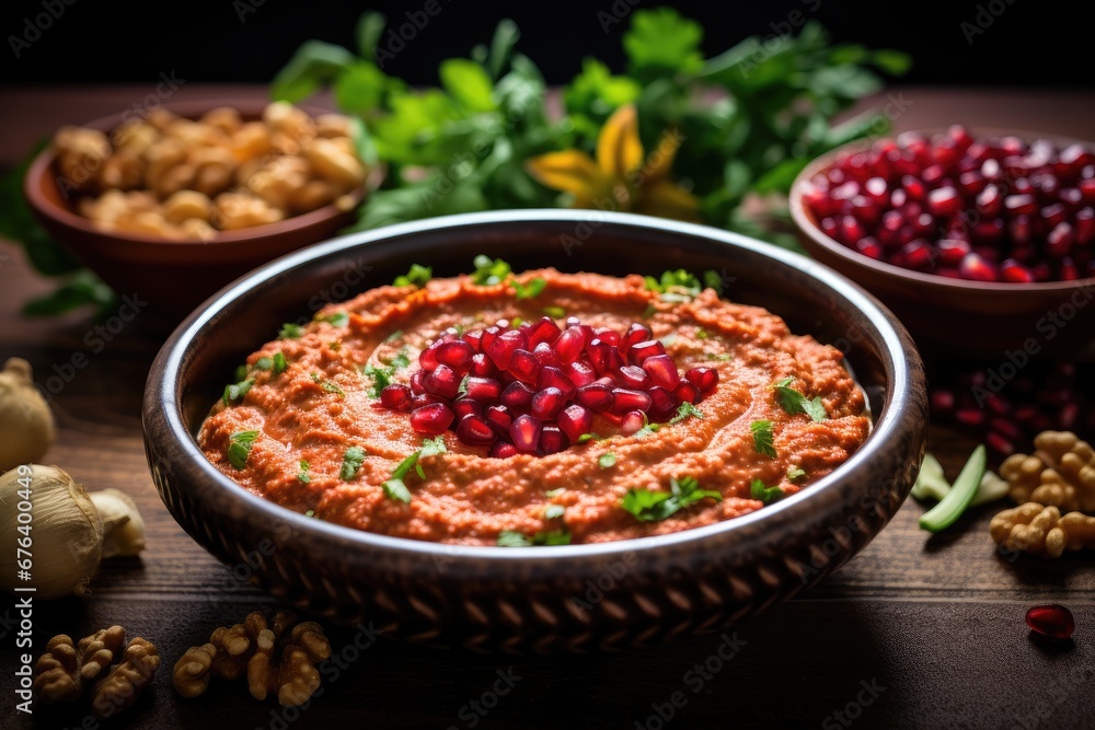 a bowl of hummus with pomegranates on the side. generative ai a bowl of hummus with pomegranates on the side. generative ai