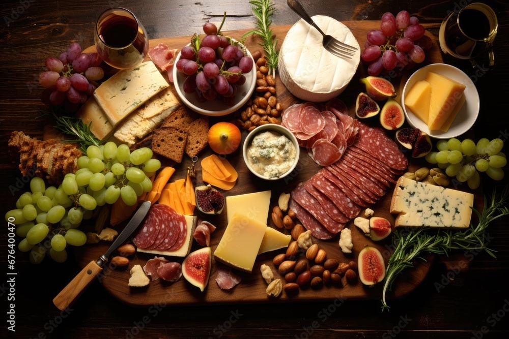  a platter of cheese, meats, and fruit.  generative ai