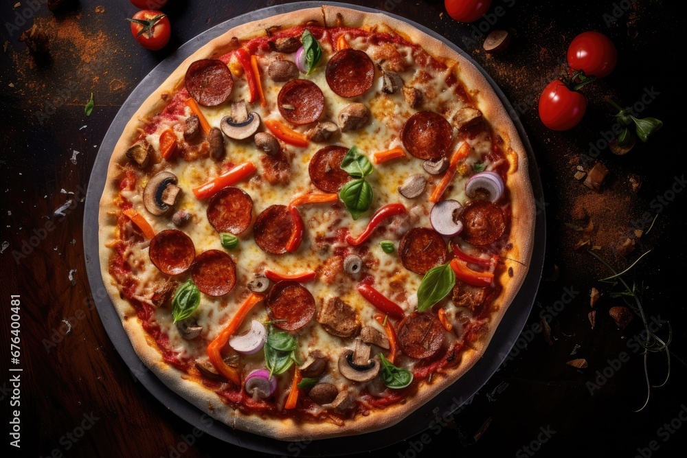  a pizza with pepperoni, mushrooms, peppers, and mushrooms.  generative ai