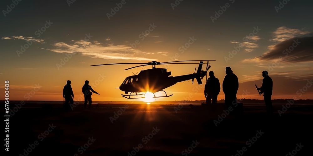 Military operation mission on silhouette sunset in field. Soldiers army forces with helicopter in battlefield. Epic war patriotic concept. Releasing hostages by warrior commando navy. Generative AI Military operation mission on silhouette sunset in field. Soldiers army forces with helicopter in battlefield. Epic war patriotic concept. Releasing hostages by warrior commando navy. Generative AI