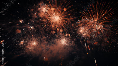 Tło na życzenia - fajerwerki na niebie w Sylwestrową noc - huczne świętowanie. Szczęśliwego Nowego Roku