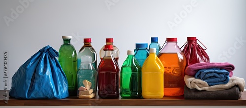 In the white isolated background a colorful bag filled with clothes laundry detergent and plastic bottles of various liquid chemicals for hygiene and laundry is displayed next to a green and photo