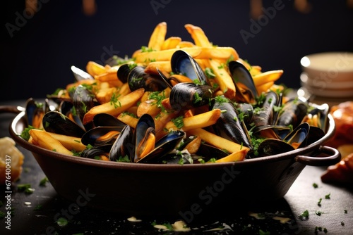  a bowl full of fries with mussels and parsley. generative ai