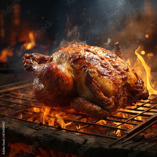 Roasted chicken on the grill with flames and smoke, closeup, AI Generated