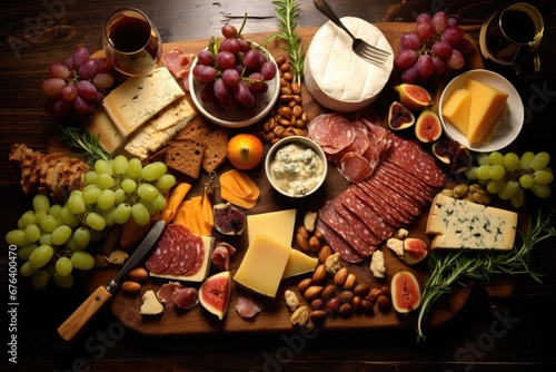  a platter of cheese, meats, and fruit. generative ai
