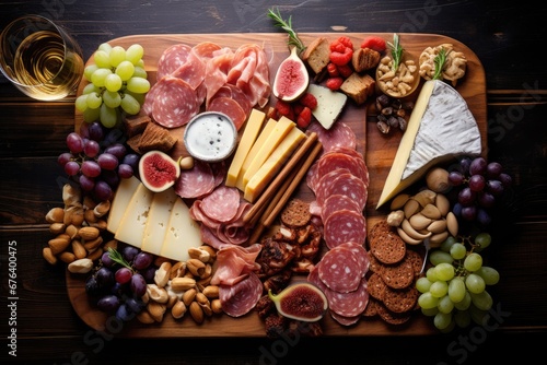  a platter of meats, cheeses, nuts, and fruit. generative ai
