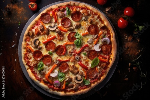  a pizza with pepperoni, mushrooms, peppers, and mushrooms. generative ai