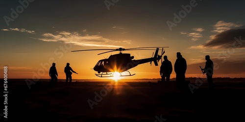 Military operation mission on silhouette sunset in field. Soldiers army forces with helicopter in battlefield. Epic war patriotic concept. Releasing hostages by warrior commando navy. Generative AI