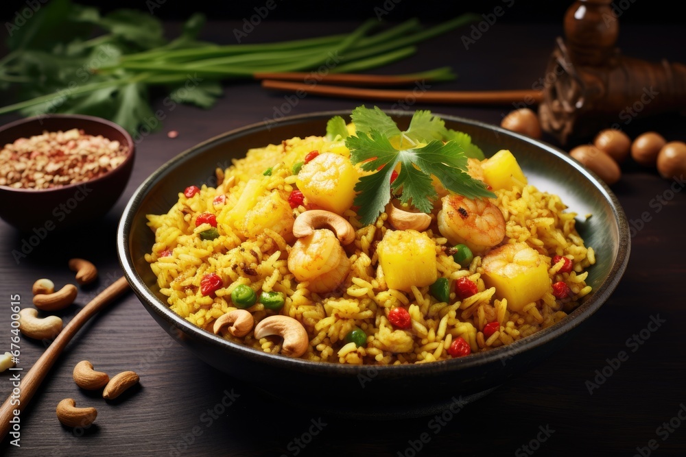 a bowl of rice with shrimp, mushrooms, and parsley. generative ai a bowl of rice with shrimp, mushrooms, and parsley. generative ai