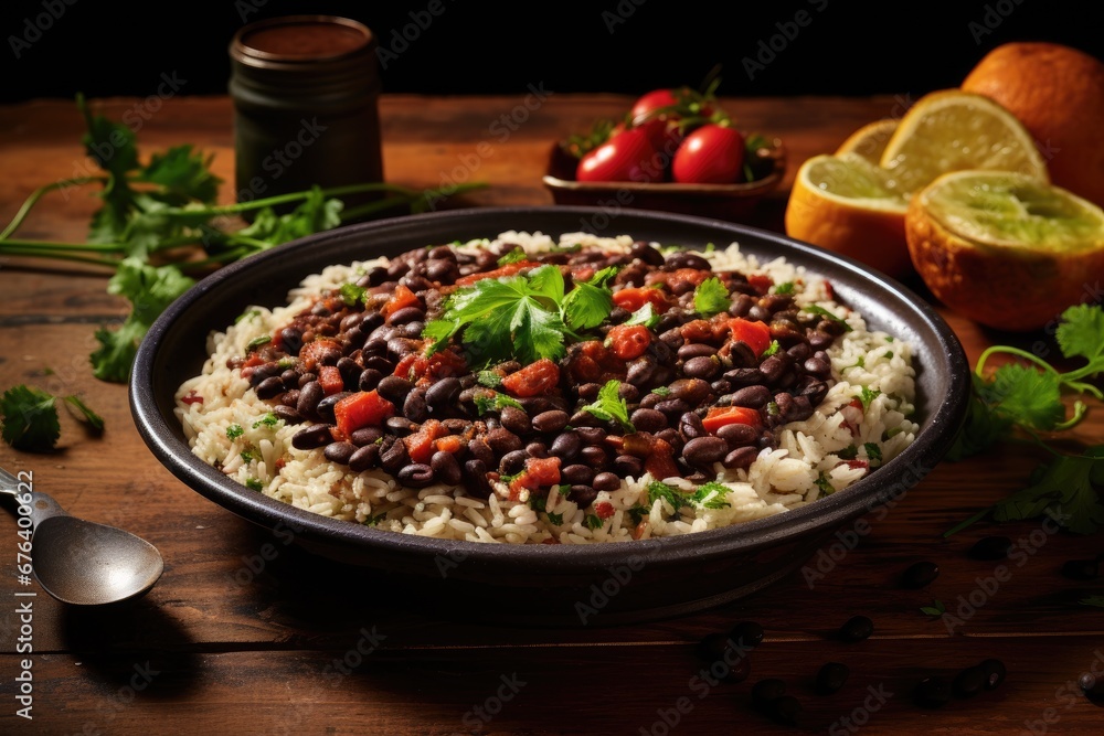  a bowl of rice with beans and cilantro on a wooden table.  generative ai