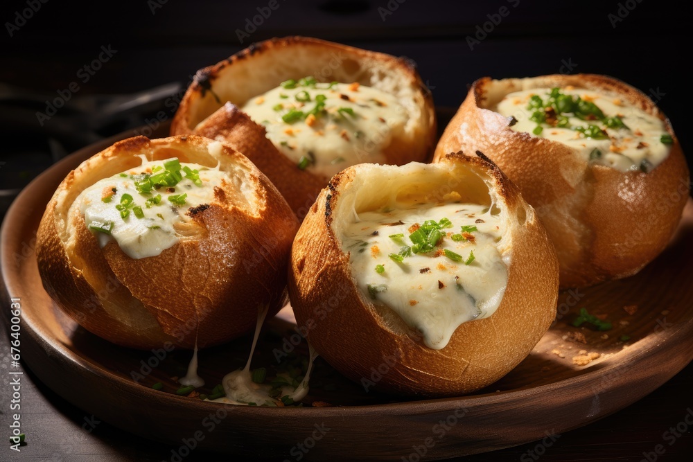  a plate of baked bread with cheese and chives on it.  generative ai