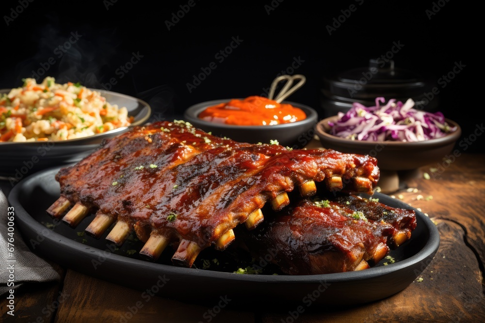  a plate of ribs and coleslaw on a wooden table.  generative ai