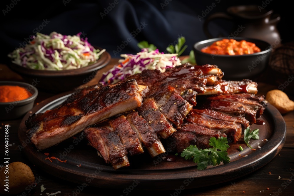  a plate of ribs and coleslaw on a table.  generative ai