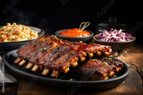  a plate of ribs and coleslaw on a wooden table. generative ai