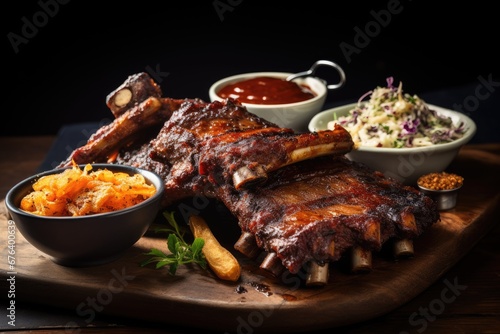  a wooden platter with ribs, coleslaw, coleslaw, and coleslaw. generative ai
